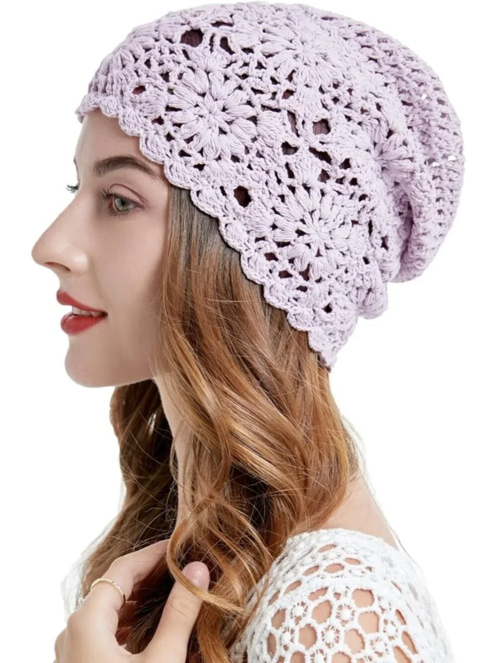 Women's Cotton Crochet Slouchy Beanie Hat Knit Summer Skull Cap Solid Purple